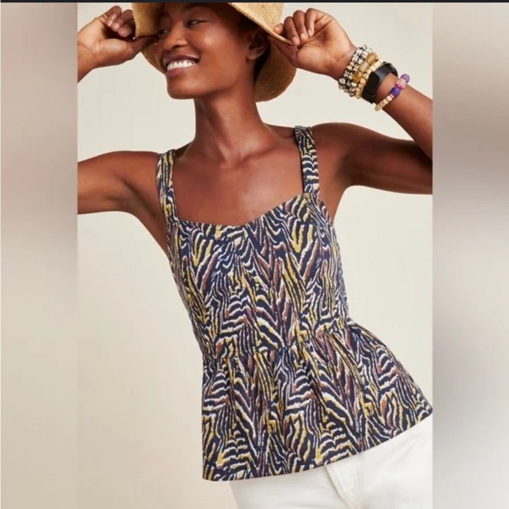 ANTHROPOLOGIE Jaime Zebra Peplum Tank‎ in Navy Marin Large